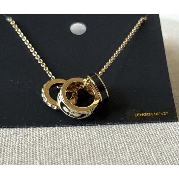 Coach Multi-Ring Pendant Necklace Gold Cream Black Enamel Crystal NWT 16”+2” - Picture 5 of 10